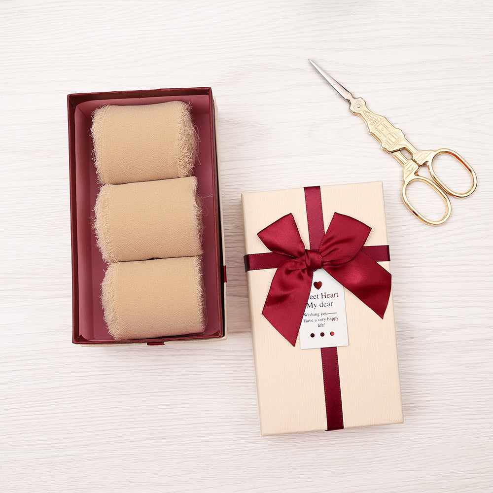 Handmade Fringe Chiffon Silk-Like Ribbon 2" x 7Yd Set of 3 Rolls Ribbons for Wedding Invitations, Bouquets, Gift Wrapping (3 Rolls Nude) - DorisHome