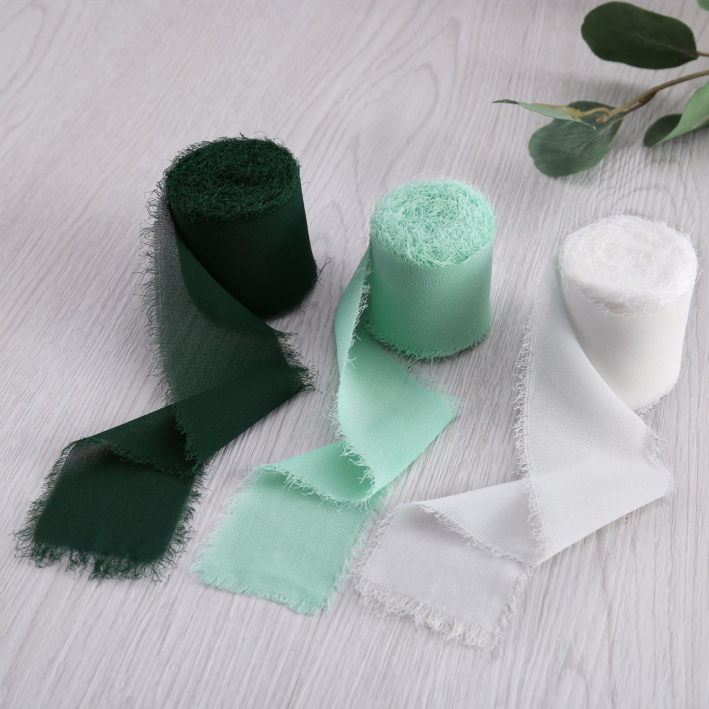 Handmade Fringe Chiffon Silk-Like Ribbon 2" x 7Yd Set of 3 Rolls Ribbons for Wedding Invitations, Bouquets, Gift Wrapping (3 Rolls Dark Green/Mint/Ivory)