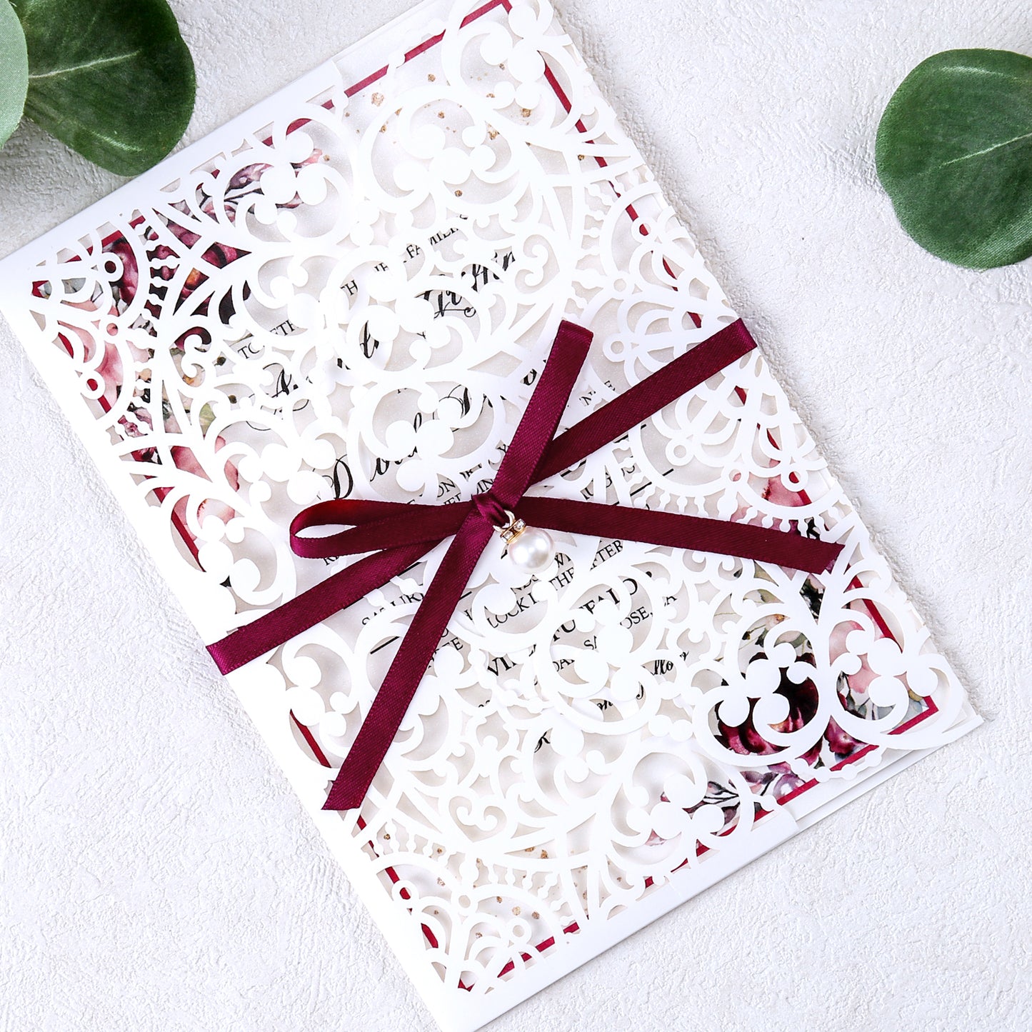 5 X 7.2" Laser Cut Hollow Rose Wedding invitations Cards With Burgundy Ribbon And Envelopes For Wedding Bridal Shower Engagement - DorisHome