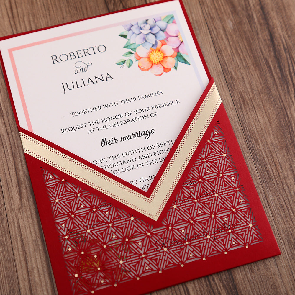 Red Floral Laser cut invitation cards for Wedding, Anniversary - DorisHome