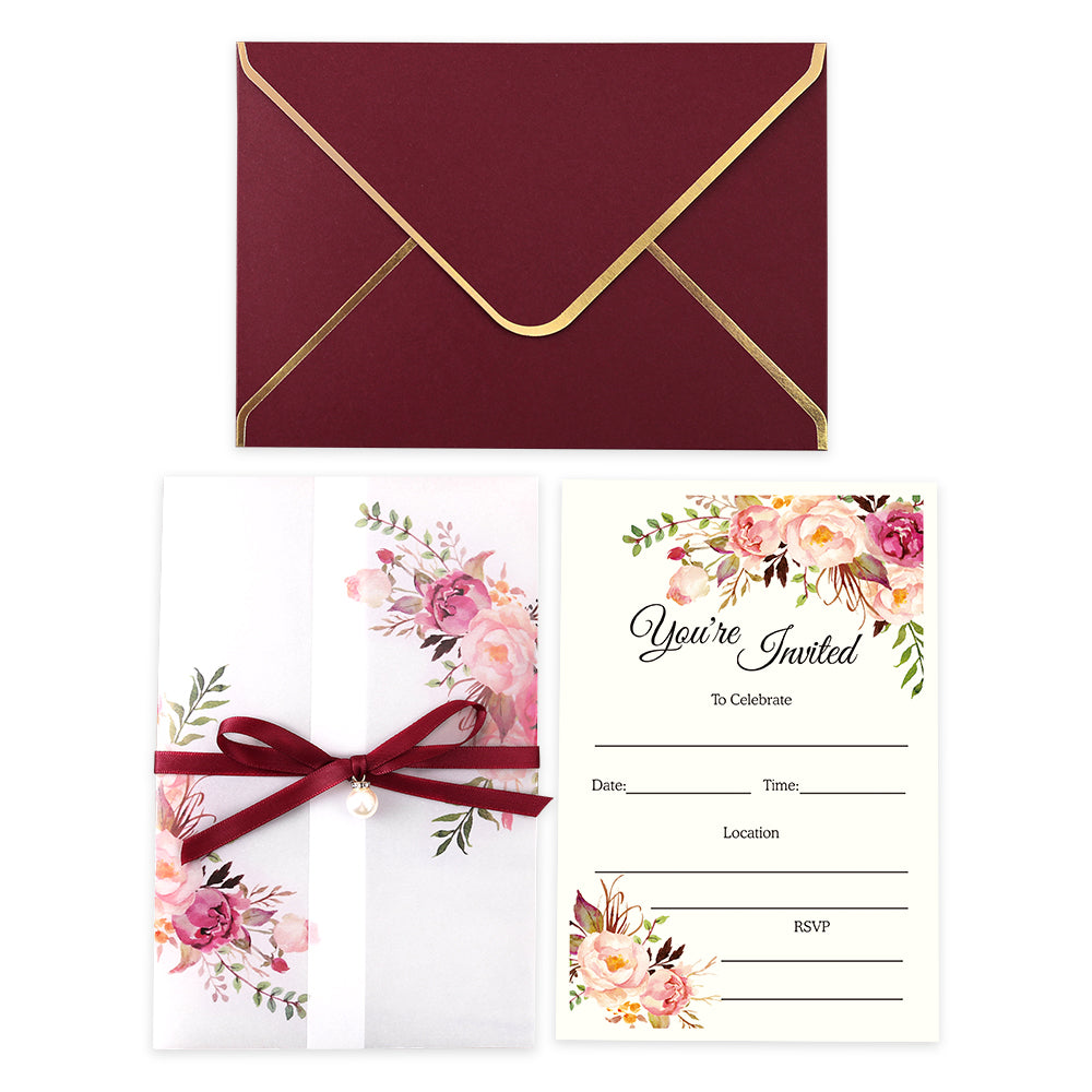 Pocket Burgundy Wedding Invitations Greeting Cards - DorisHome