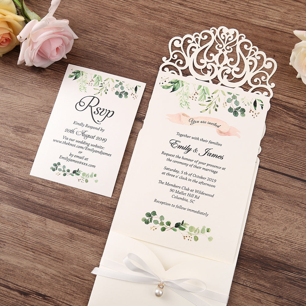 Vertical White Floral Laser cut invitations for Wedding Anniversary - DorisHome