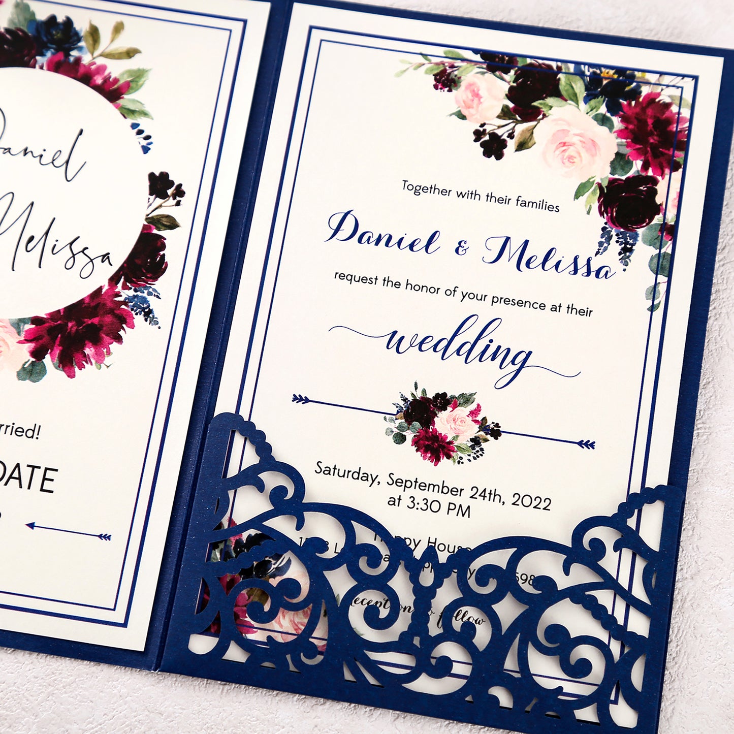 DreamBuilt 4.7 x7 inch Navy Blue Laser Cut Wedding Invitations With Envelopes Kit Hollow Rose Pocket And Gold Glitter Belly Band for Wedding Bridal Shower Engagement Invite