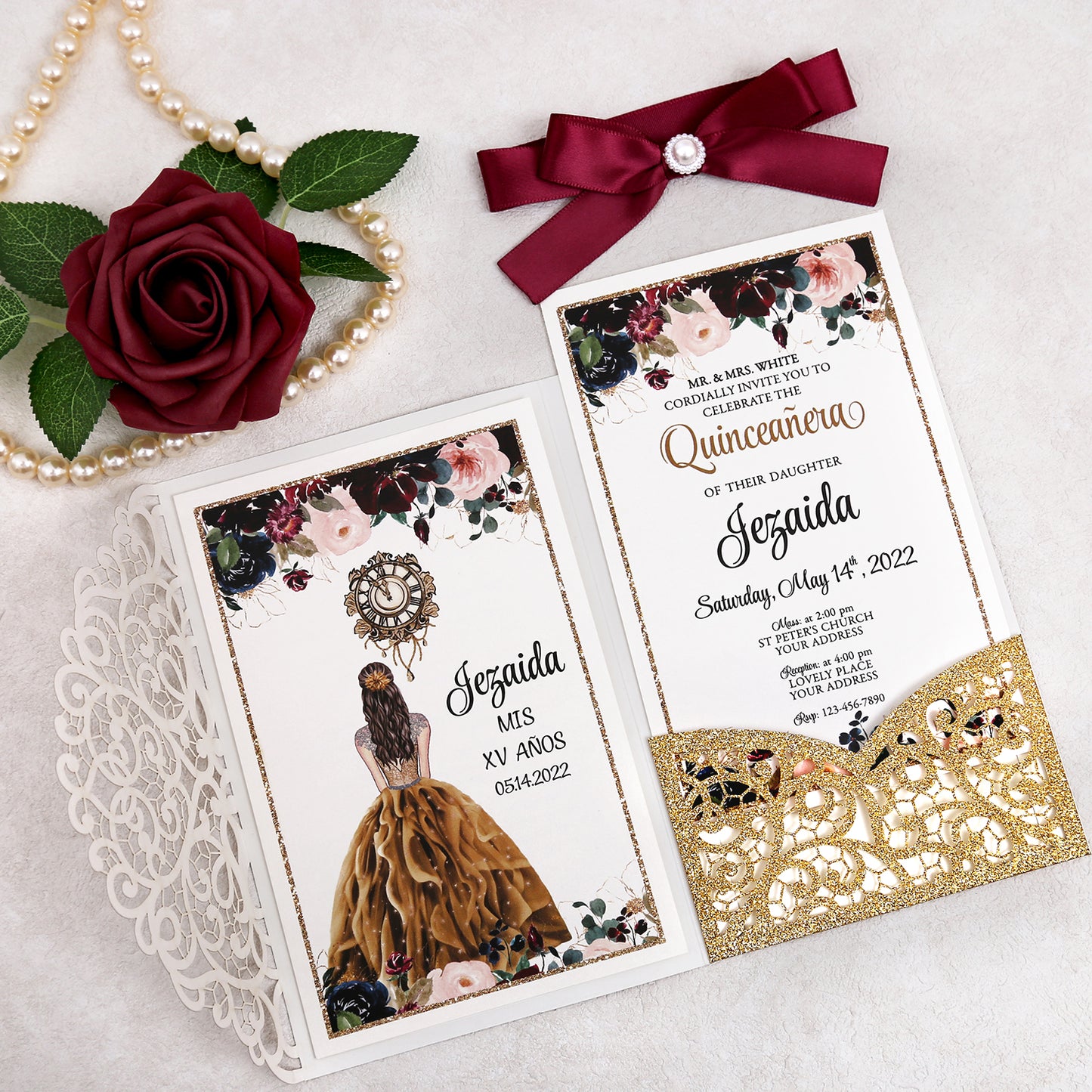 4.7 x7 inch Gold Glitter Laser Cut Hollow Rose Quinceanera Invitations Cards with Envelopes for Quinceanera Party