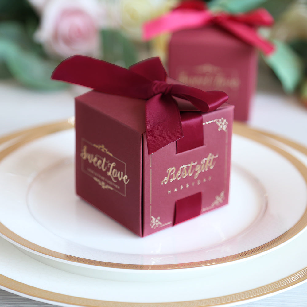 50 pcs Birthday Wedding Party Favor, Wedding Gift Bags Chocolate Candy and Gift Boxes Bridal Shower Party Paper Gift Box Burgundy Boxes with Ribbons,CB080R - DorisHome