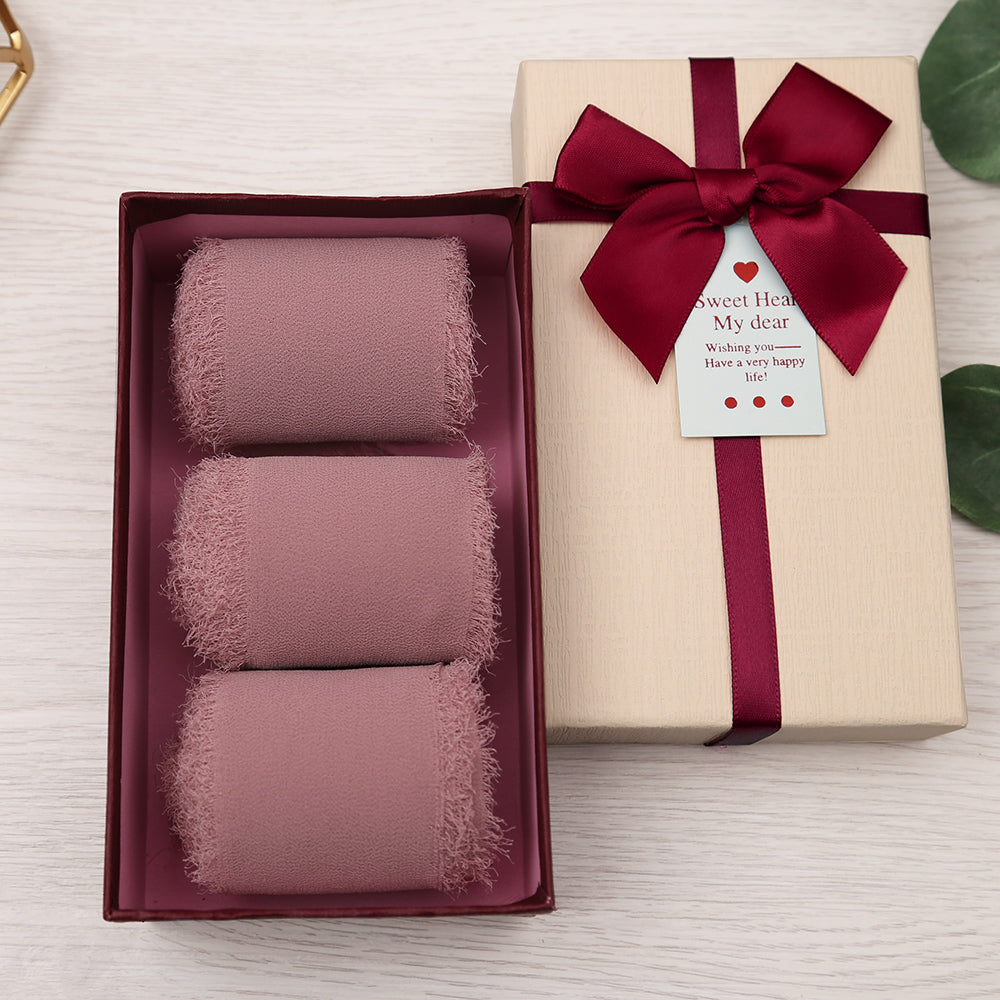 Handmade Fringe Chiffon Silk-Like Ribbon 2" x 7Yd Set of 3 Rolls Ribbons for Wedding Invitations, Bouquets, Gift Wrapping (3 Rolls Mauve) - DorisHome