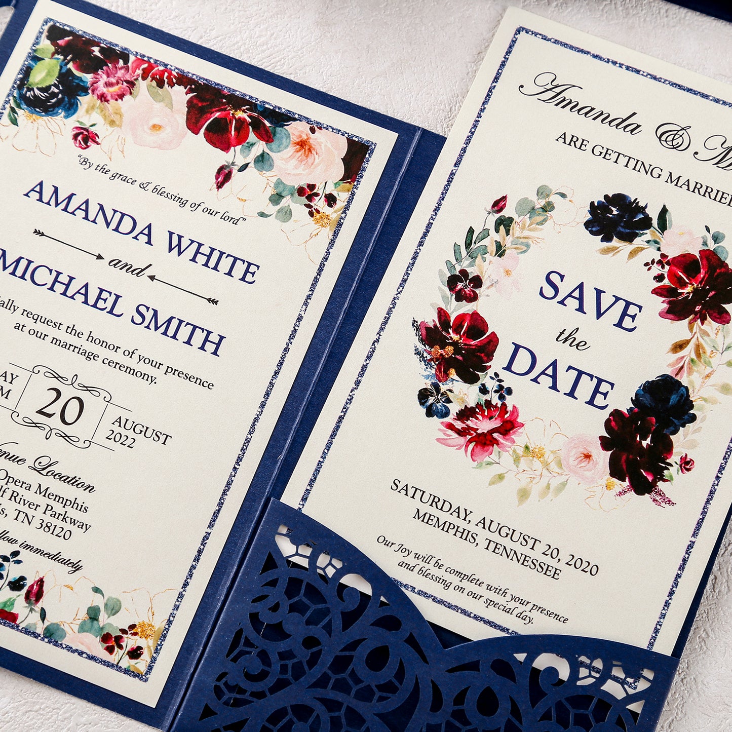 4.7 x7 inch Blue Laser Cut Hollow Rose Wedding Invitations Cards with Envelopes for Wedding Party