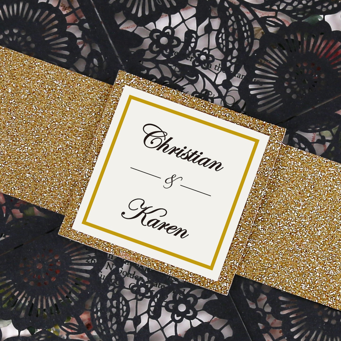 Square Black Lase-cut Lace Flower Pattern Wedding Invitations