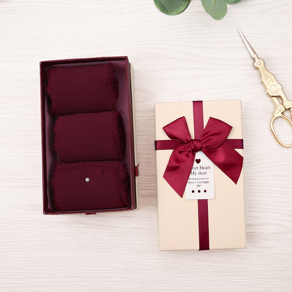 Handmade Fringe Chiffon Silk-Like Ribbon 2" x 7Yd Set of 3 Rolls Ribbons for Wedding Invitations, Bouquets, Gift Wrapping (3 Rolls Burgundy) - DorisHome