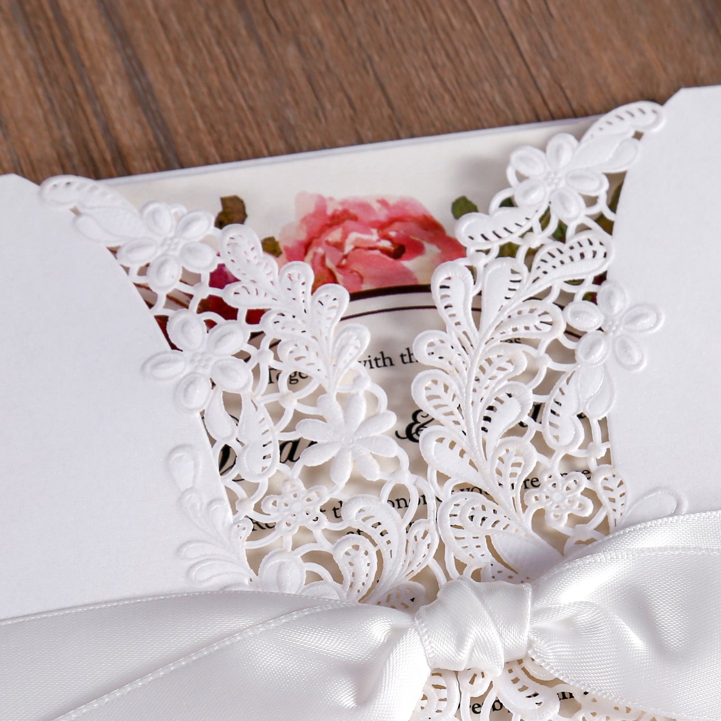 Laser cut Ivory White Hollow Flora Wedding Invitation with Bowknot