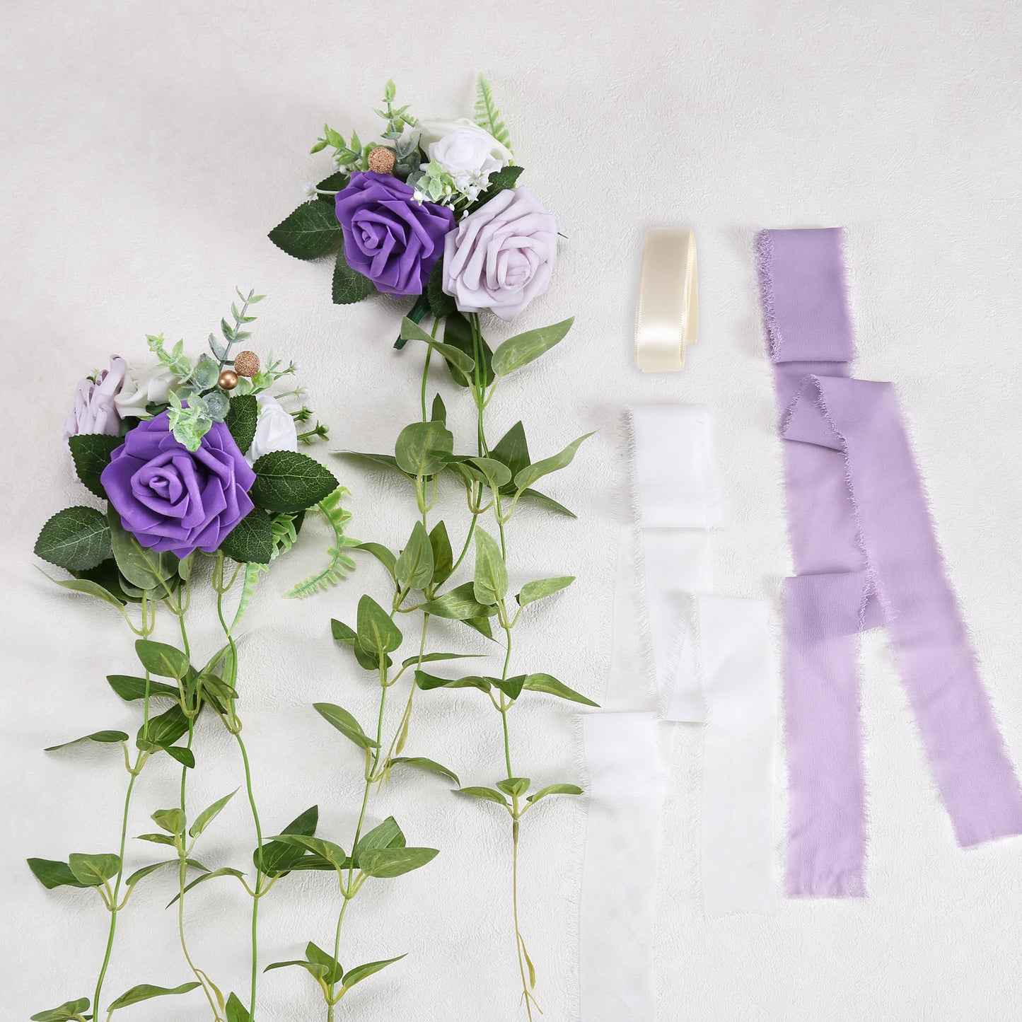 Wedding Aisle Decorations Purple Pew Flowers Set of 10 for Wedding Ceremony Party Chair Decor with Artificial Flowers Eucalyptus and Ribbons
