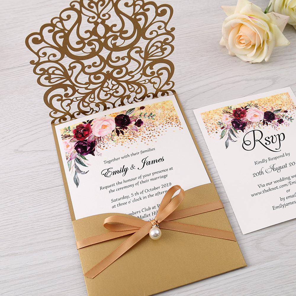 Gold Floral Laser Cut Invitation Card With Belly Band And Pearl For Wedding Anniversary - DorisHome