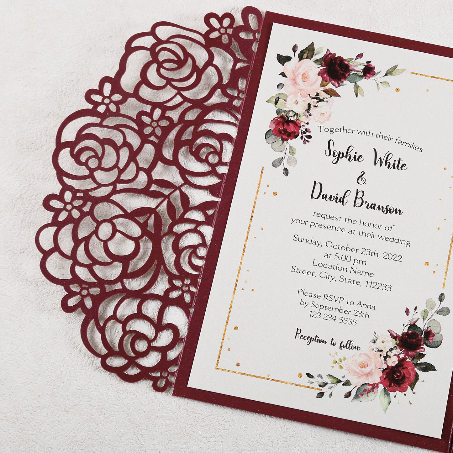 4.7 x7 inch Burgundy Laser Cut Hollow Rose Wedding Invitations Cards with Pearlized Pockets and Envelopes for Wedding Bridal Shower - DorisHome
