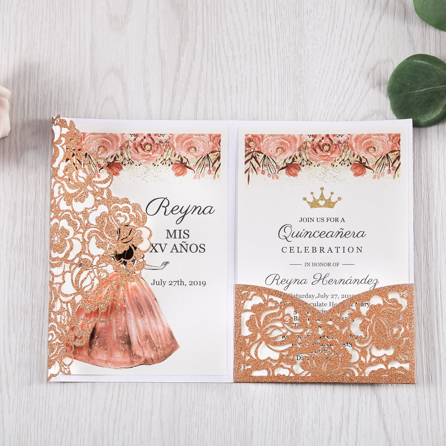 4.7 x7 inch Bronze Glitter Laser Cut Hollow Rose Quinceanera Invitations Cards with Envelopes