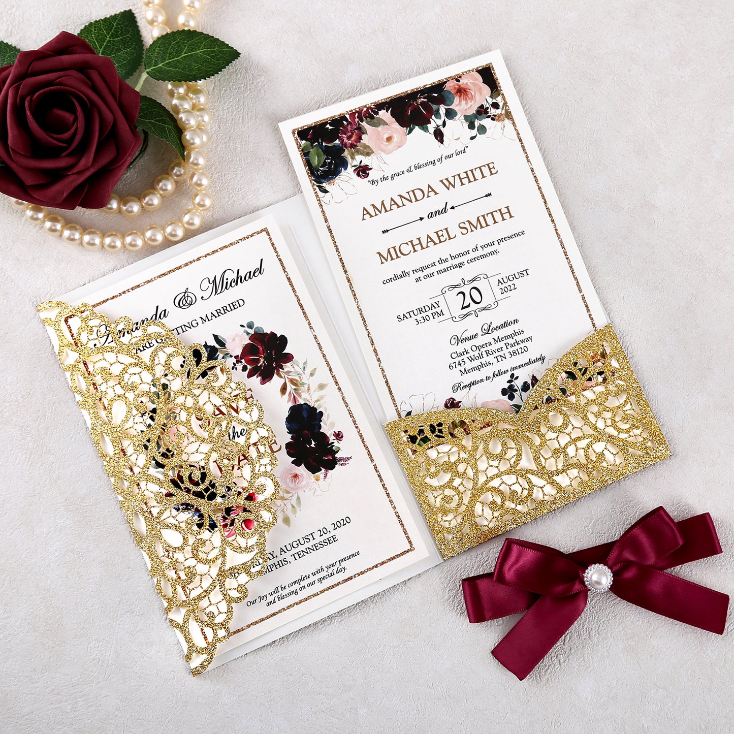 4.7 x7 inch Gold Glitter Laser Cut Hollow Rose Wedding Invitations Cards with Envelopes for Wedding Party