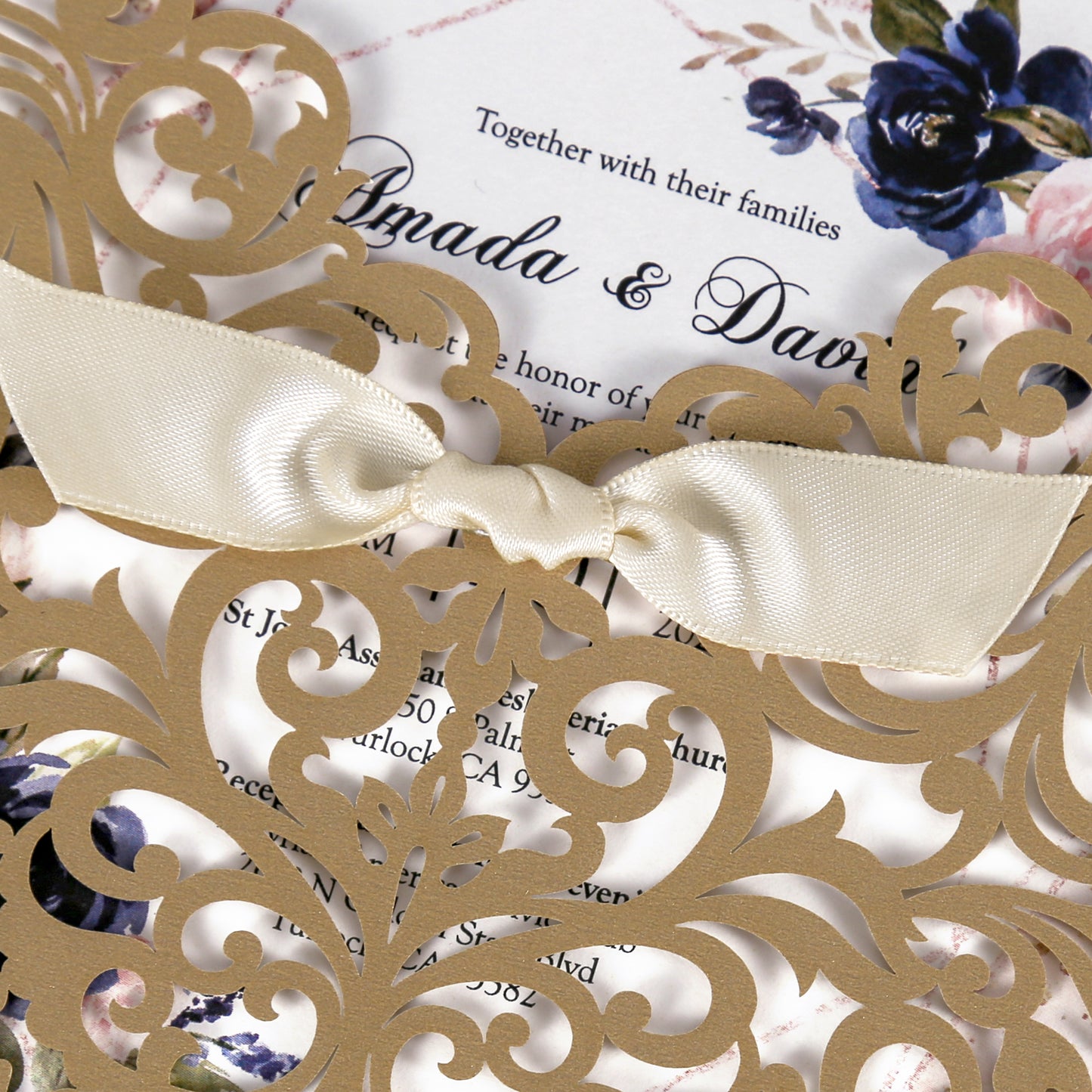 Gold Laser Cut Beige Ribbon Wedding Invitation