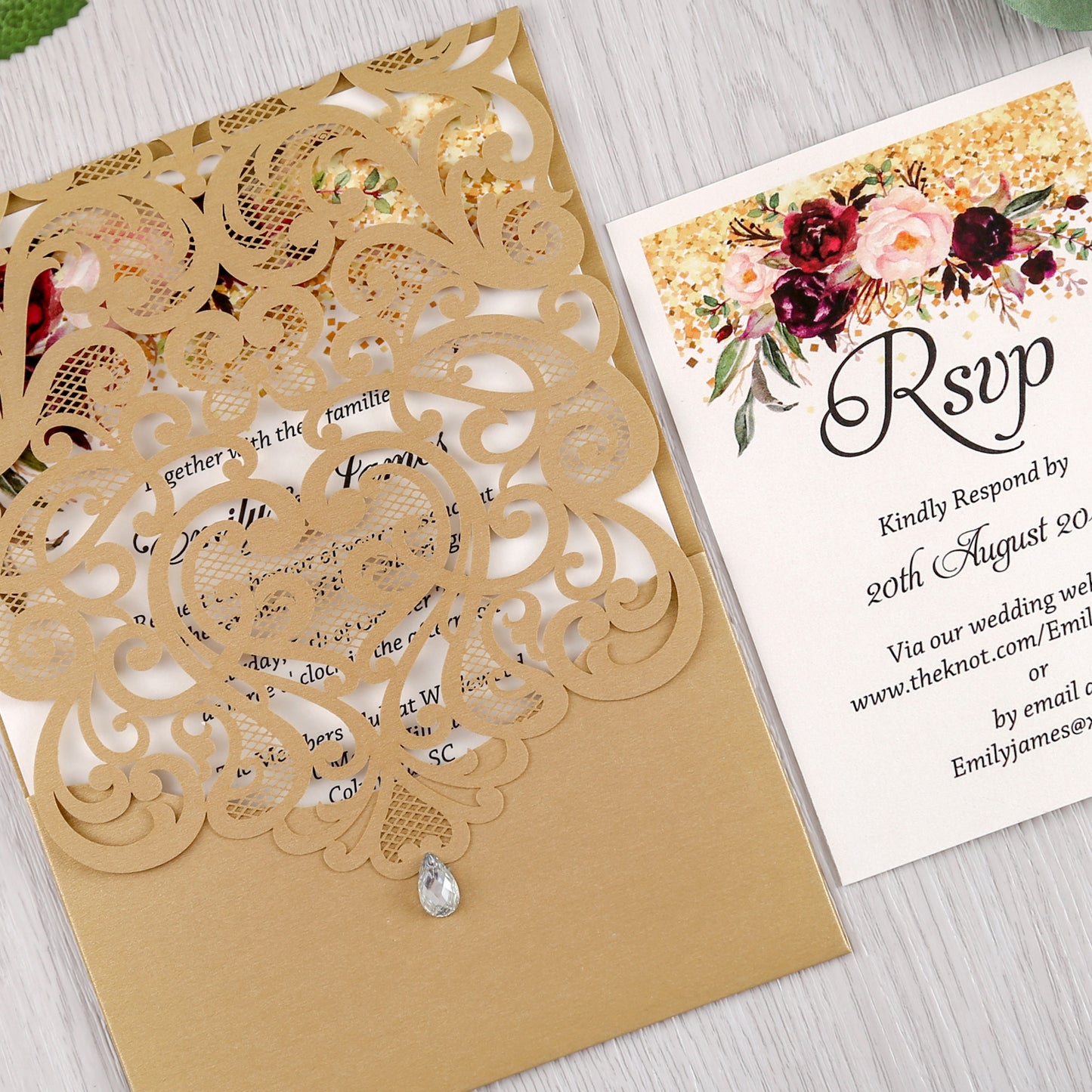 Gold Wedding Invitation With Rhinestone & Laser Cut Flower