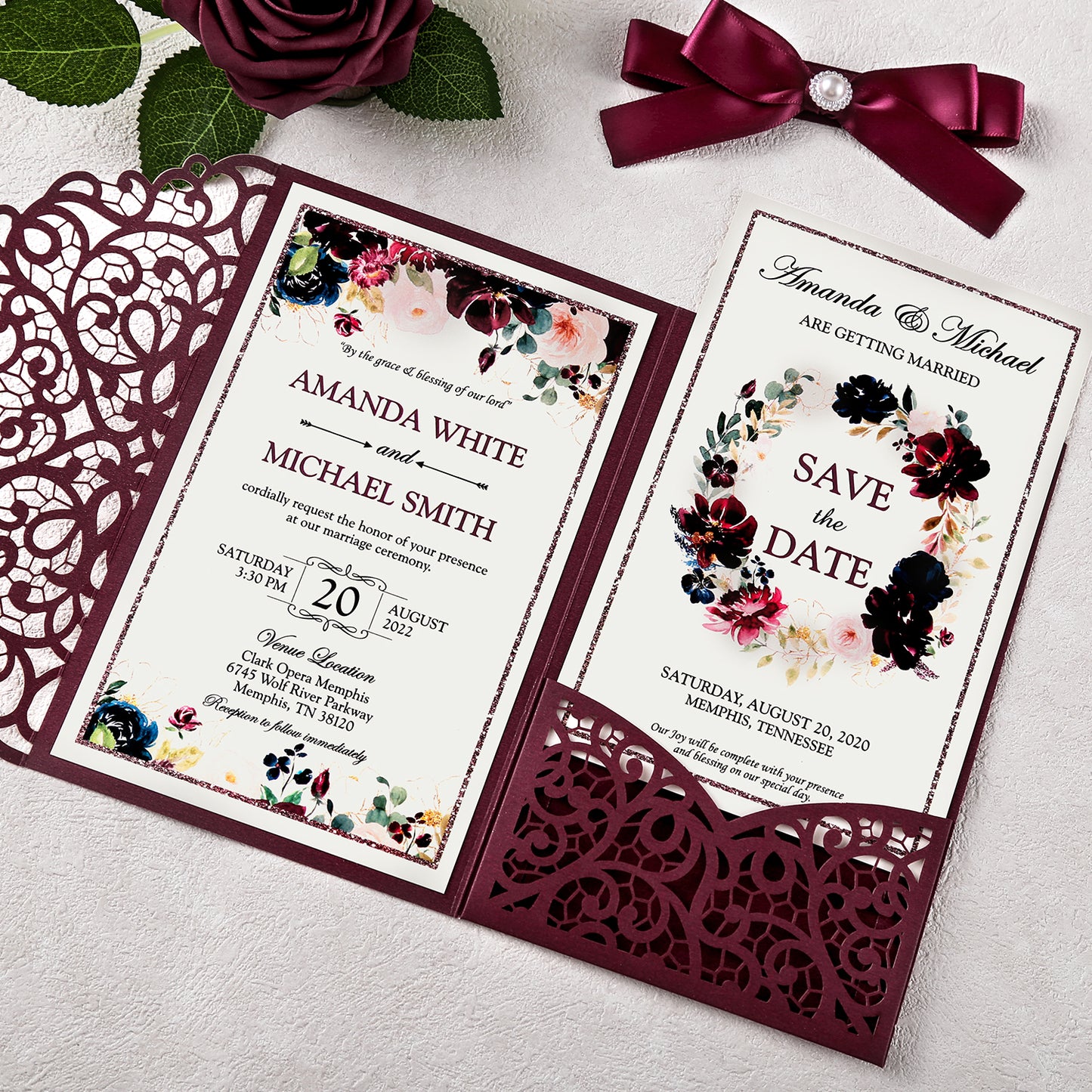 4.7 x7 inch Burgundy Laser Cut Hollow Rose Wedding Invitations Cards with Envelopes for Wedding Party