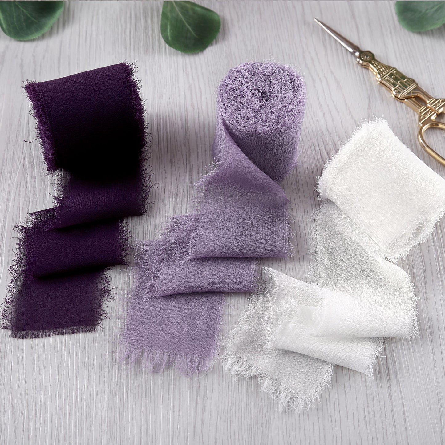 Handmade Fringe Chiffon Silk-Like Ribbon 2" x 7Yd Set of 3 Rolls Ribbons for Wedding Invitations, Bouquets, Gift Wrapping (3 Rolls Plum/Pastel Purple/Ivory)