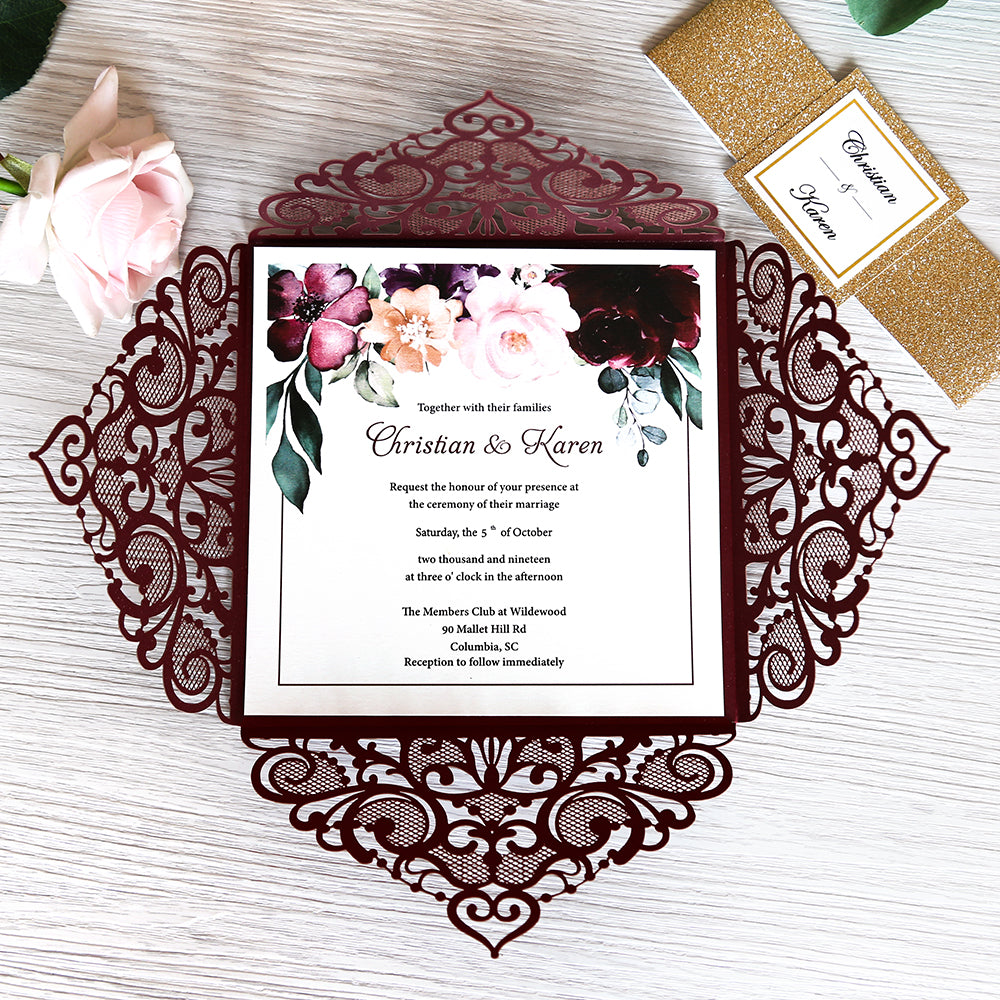 Square Burgundy Wedding Invitations with Gold Glitter Belly Band for Wedding - DorisHome
