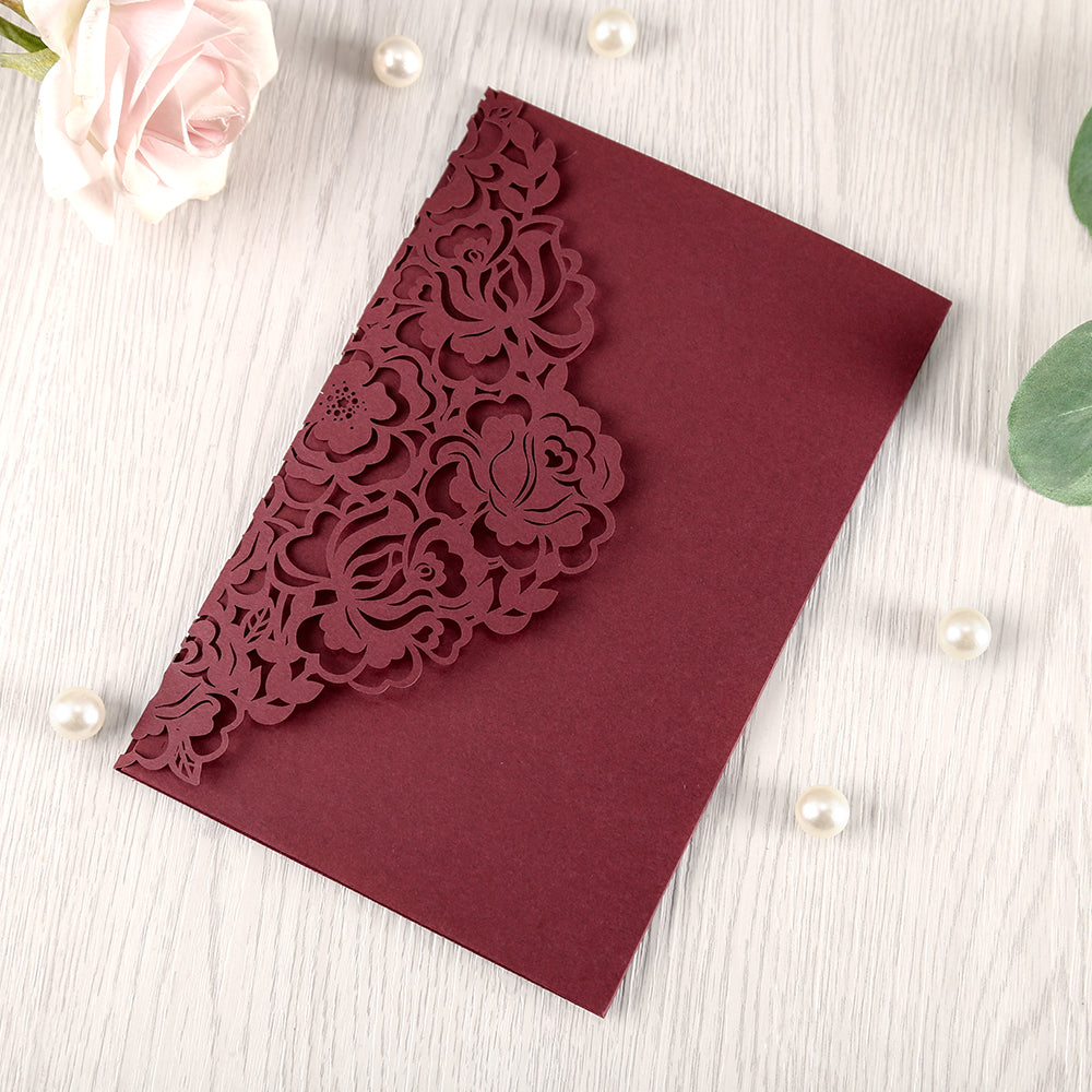 Burgundy Floral Laser cut invitation cards for Quinceanera - DorisHome