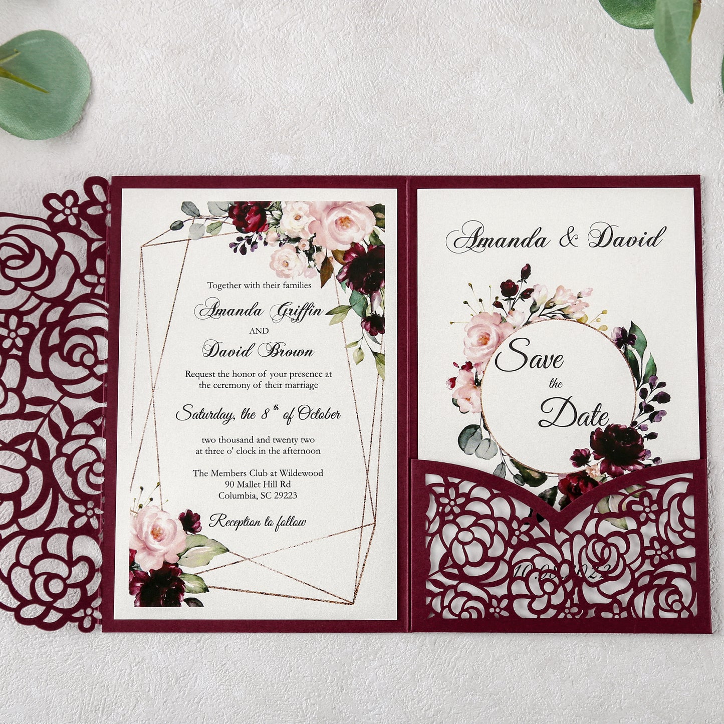 DreamBuilt 4.7 x7 inch Burgundy Laser Cut Hollow Rose Wedding Invitations Cards with Burgundy Pockets and Envelopes for Wedding Bridal Shower