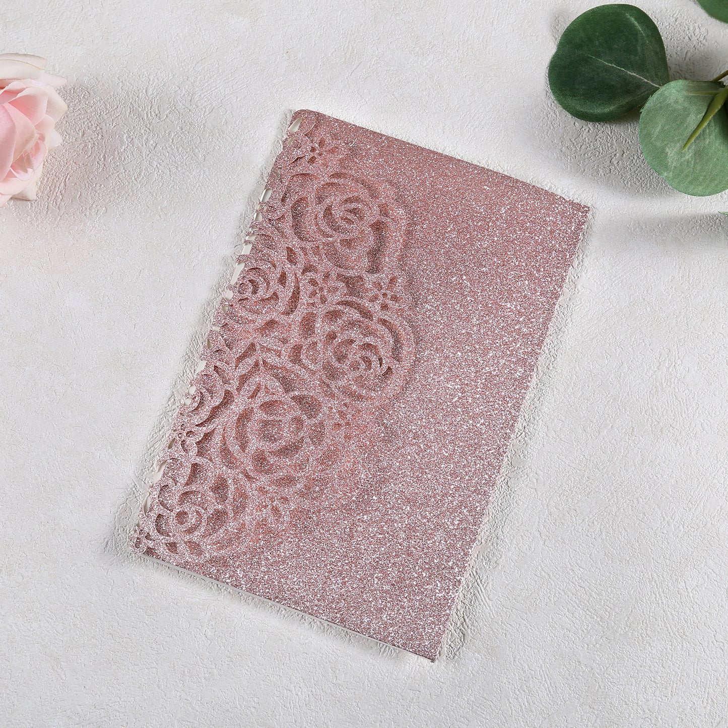 4.7 x7 inch Rose Gold Glitter Laser Cut Hollow Rose Wedding Invitations Cards with Glitter Pockets and Envelopes for Quincenera Birthday Party - DorisHome