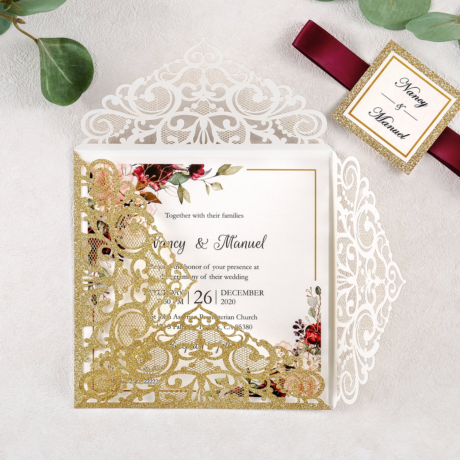 Square Rose Gold Glitter Wedding Invitations with Glitter Belly Band for Wedding 的副本 - DorisHome