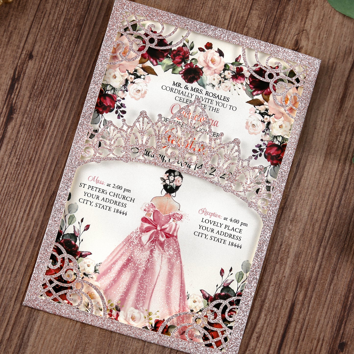 Rose Gold Glitter Invitations Greeting Cards For Quinceanera - DorisHome