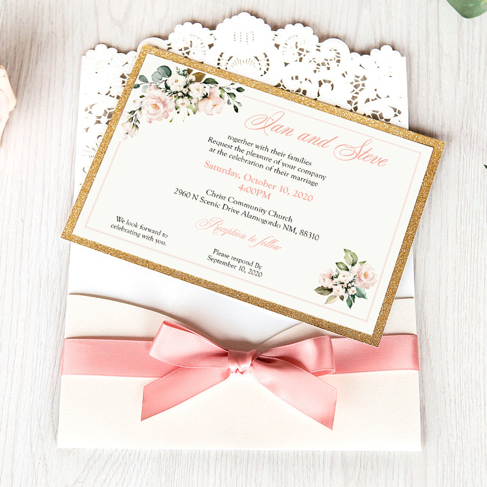 White Hollow Flora Laser Cut Invitations with Gold Glitter Border and Pink Ribbons for wedding,bridal shower - DorisHome