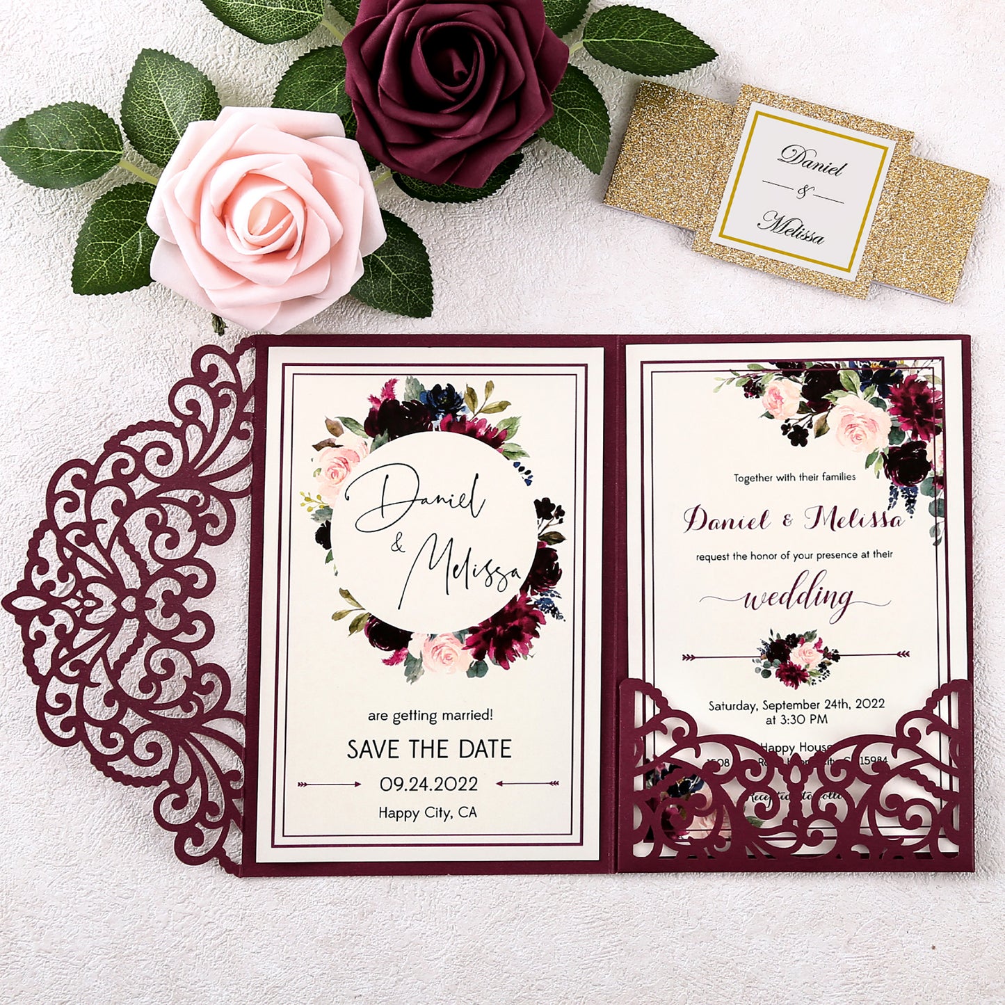 DreamBuilt 4.7 x7 inch Burgundy Laser Cut Wedding Invitations With Envelopes Kit Hollow Rose Pocket And Gold Glitter Belly Band for Wedding Bridal Shower Engagement Invite
