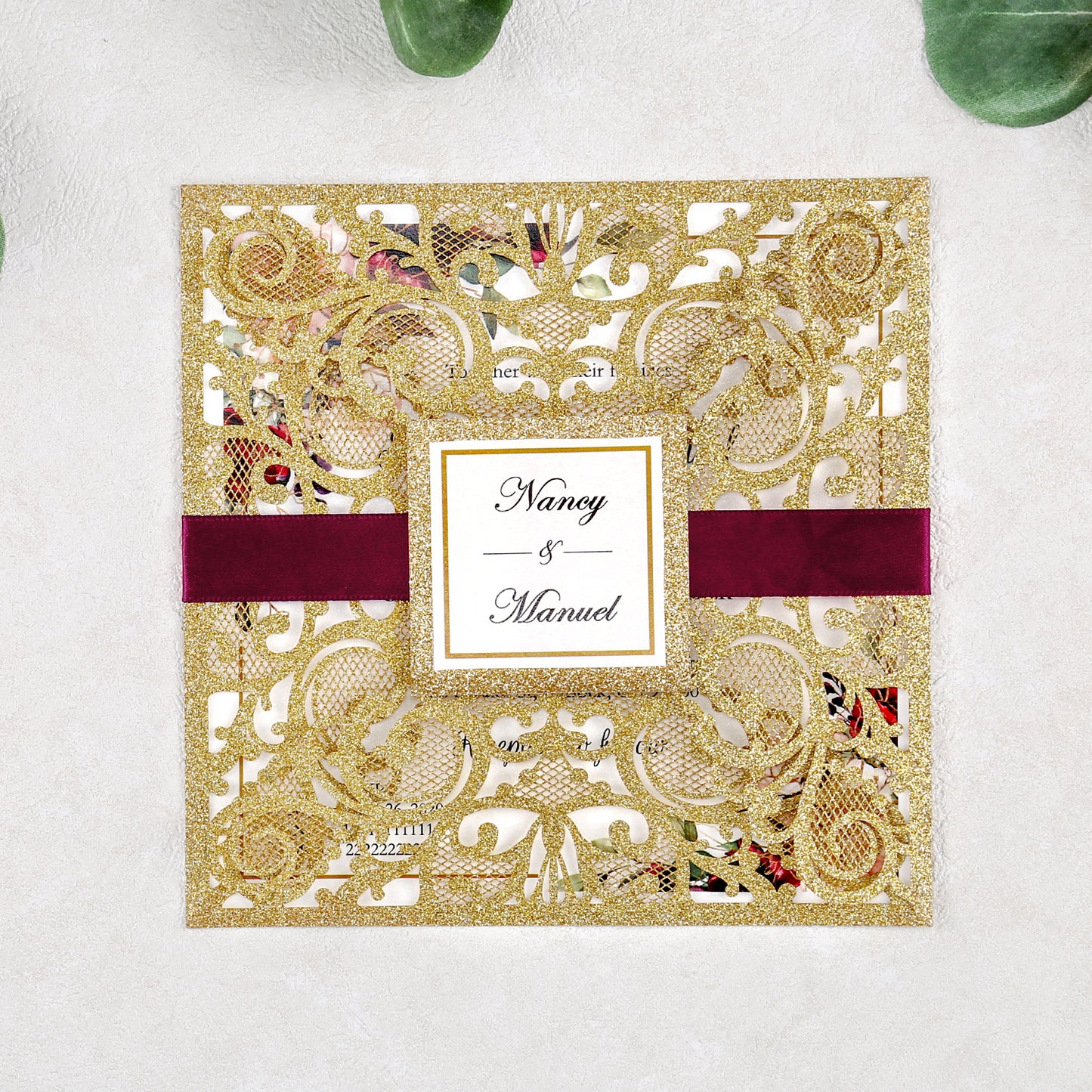 Square Rose Gold Glitter Wedding Invitations with Glitter Belly Band for Wedding 的副本 - DorisHome