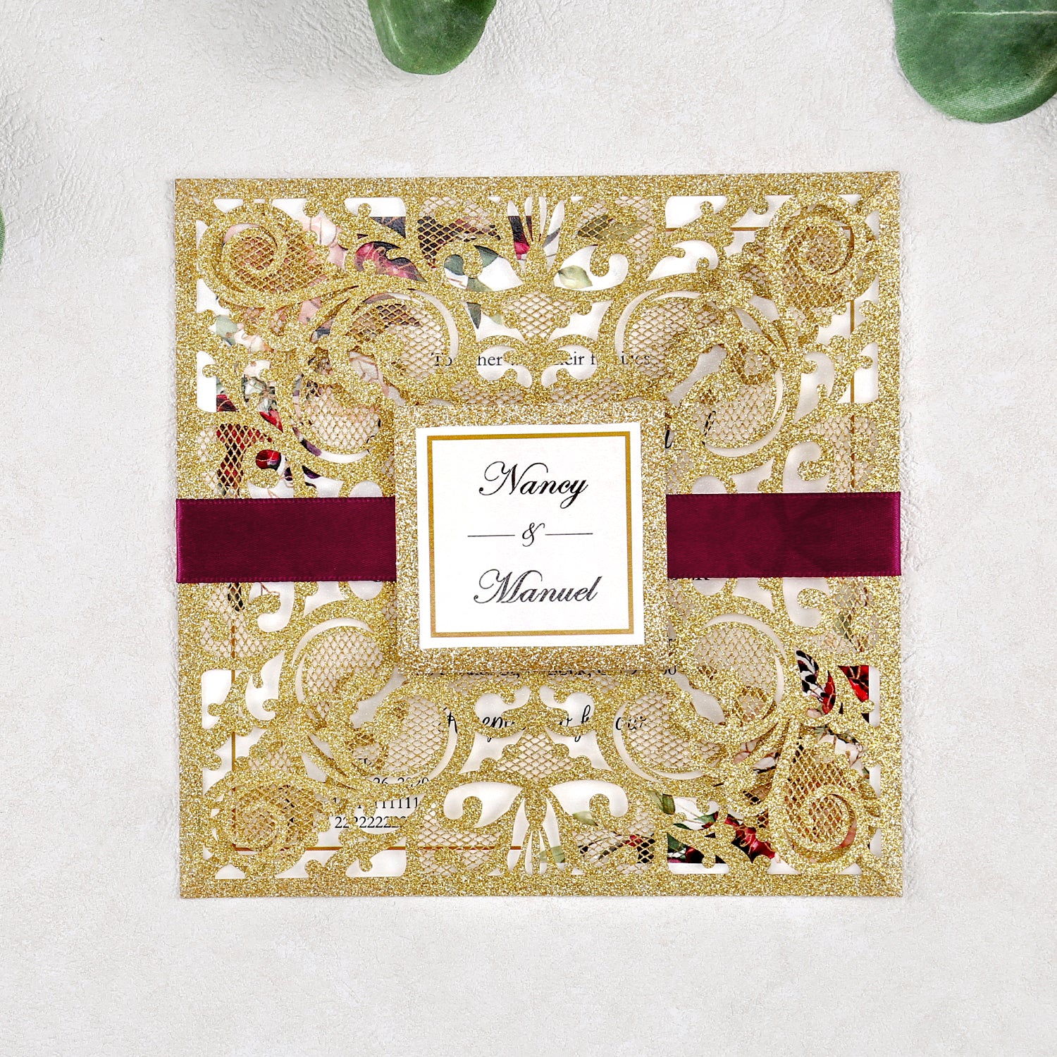 Square Rose Gold Glitter Wedding Invitations with Glitter Belly Band for Wedding 的副本 - DorisHome