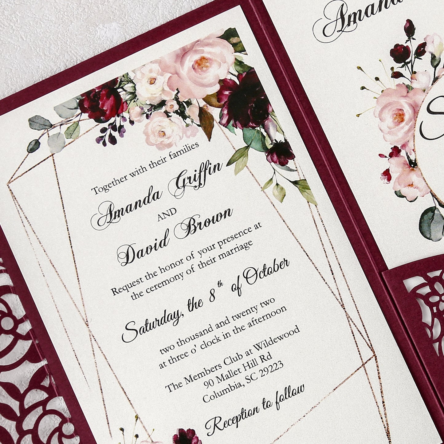 DreamBuilt 4.7 x7 inch Burgundy Laser Cut Hollow Rose Wedding Invitations Cards with Burgundy Pockets and Envelopes for Wedding Bridal Shower