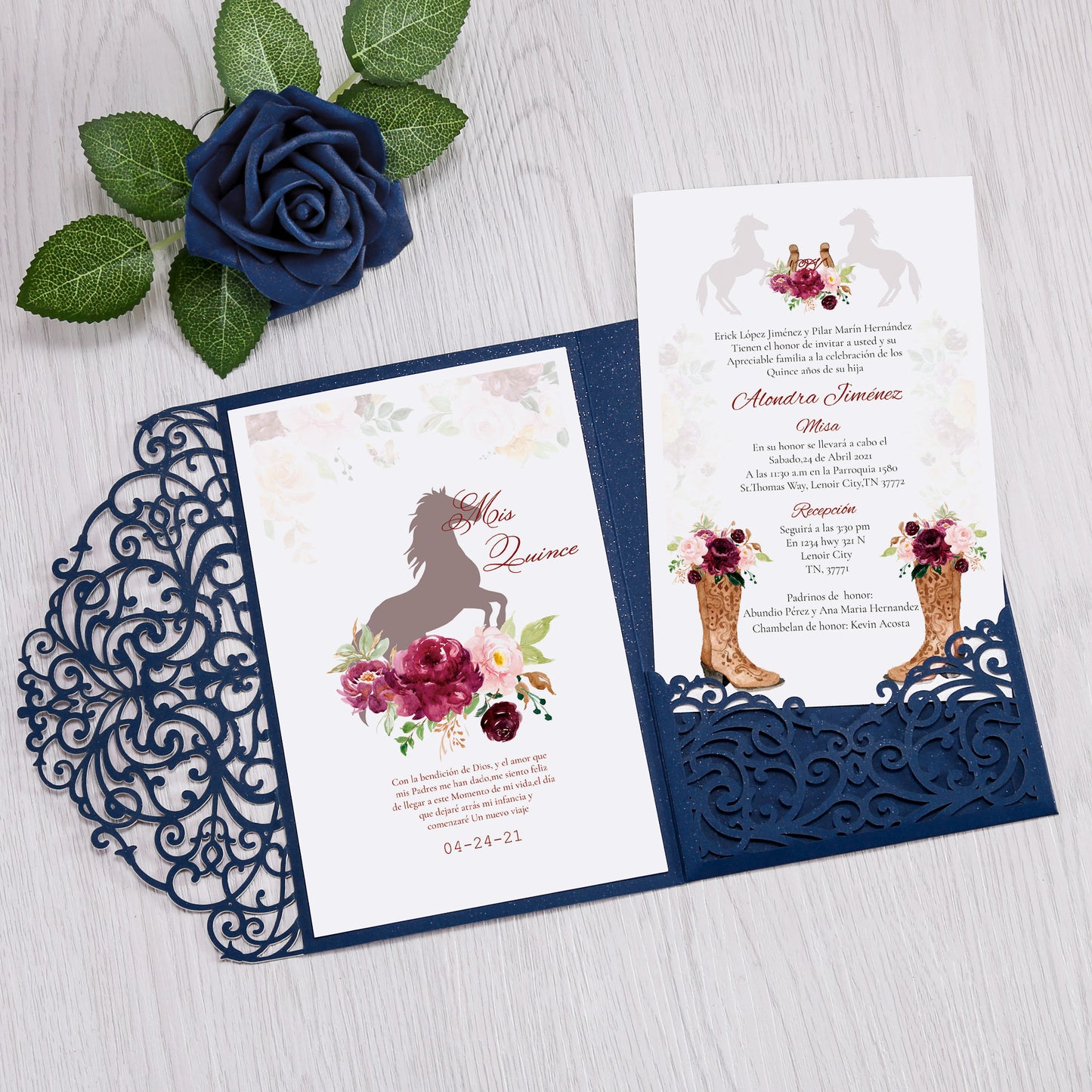 4.7 x7 inch Blue Laser Cut Hollow Rose Quinceanera Invitations Cards with Envelopes for Birthday Sweet 16