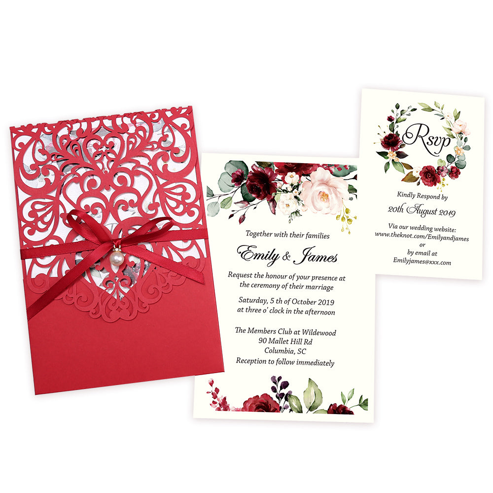 DreamBuilt Red Floral Laser cut invitation cards with ribbon belly band and pearl for Wedding