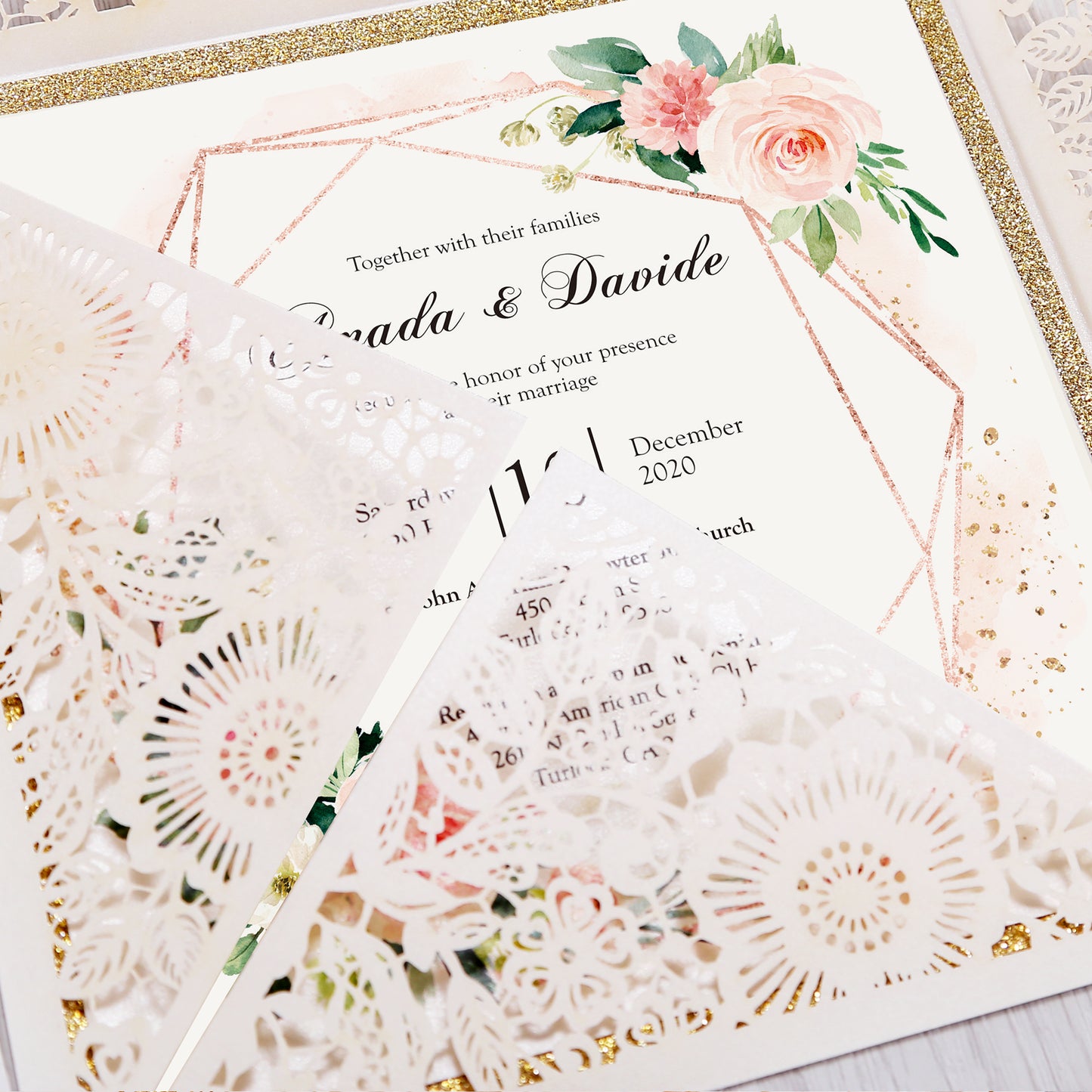 Square Ivory Lase-cut Lace Flower Pattern Wedding Invitations