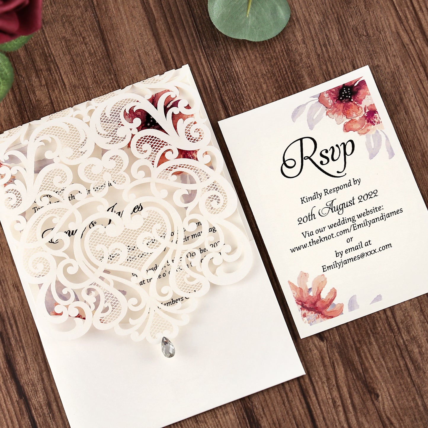 Vertical Ivory White Wedding Invitation With Rhinestone & Laser Cut Flower