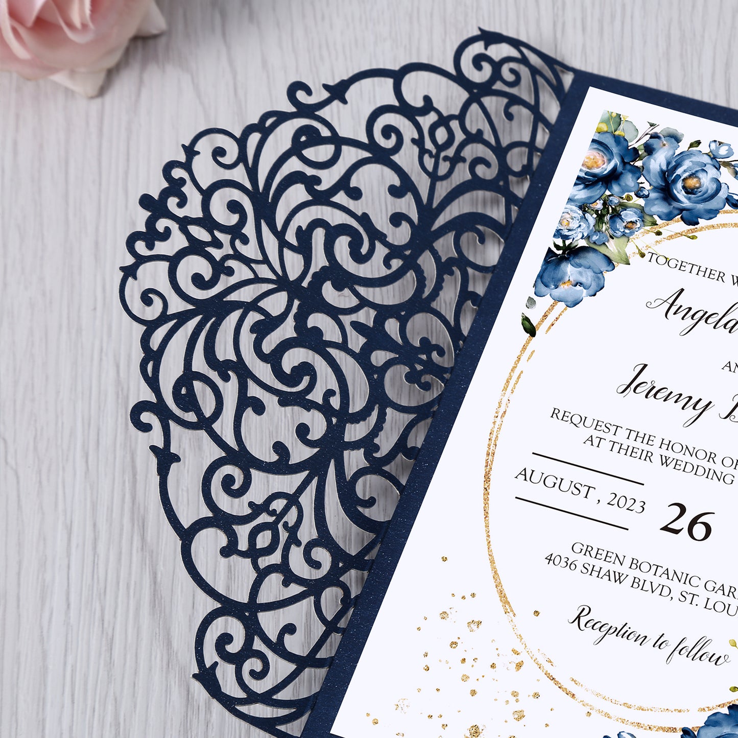 4.7 x7 inch Blue Laser Cut Hollow Rose Wedding Invitations Cards with Envelopes for Wedding Party - DorisHome