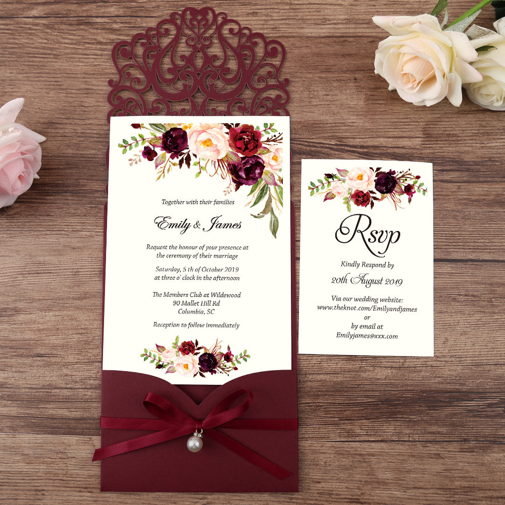 Burgundy Floral Laser cut invitation cards with ribbon bellyb band and pearl for wedding - DorisHome