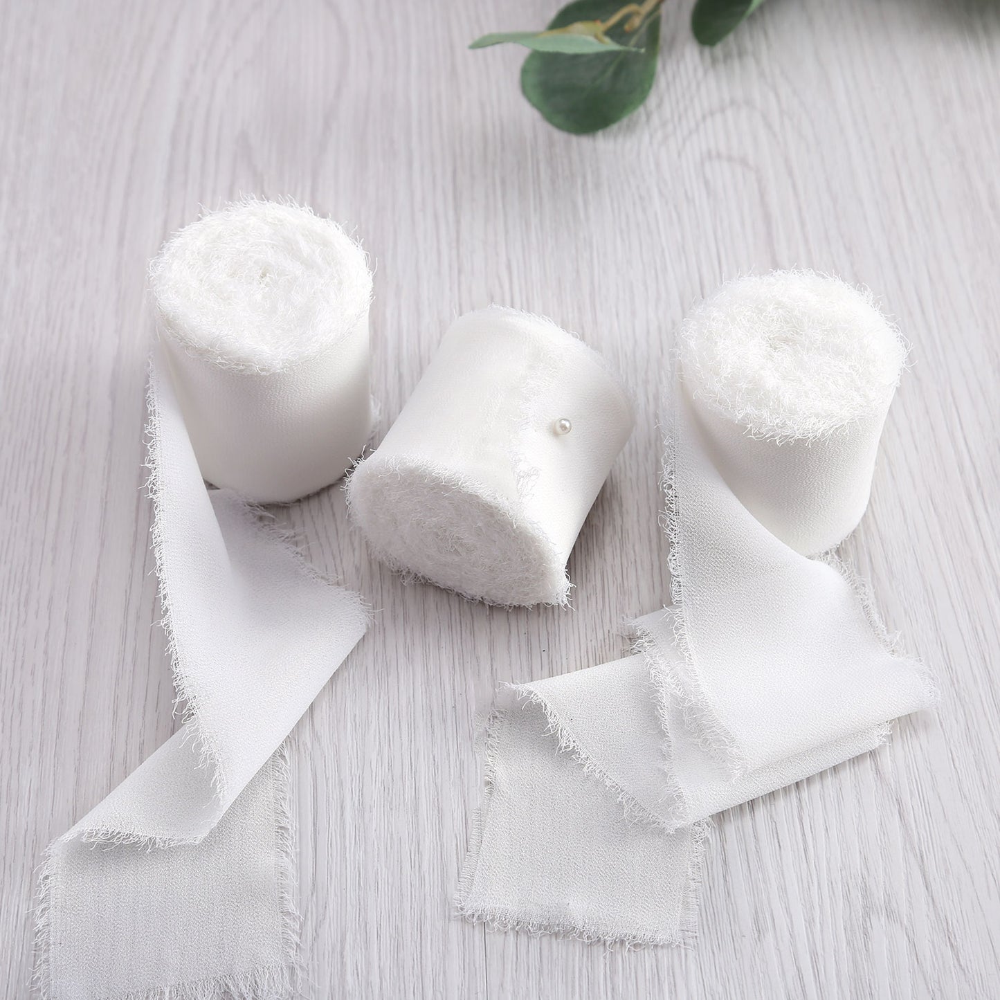 Handmade Fringe Chiffon Silk-Like Ribbon 2" x 7Yd Set of 3 Rolls Ribbons for Wedding Invitations, Bouquets, Gift Wrapping (3 Rolls Ivory)