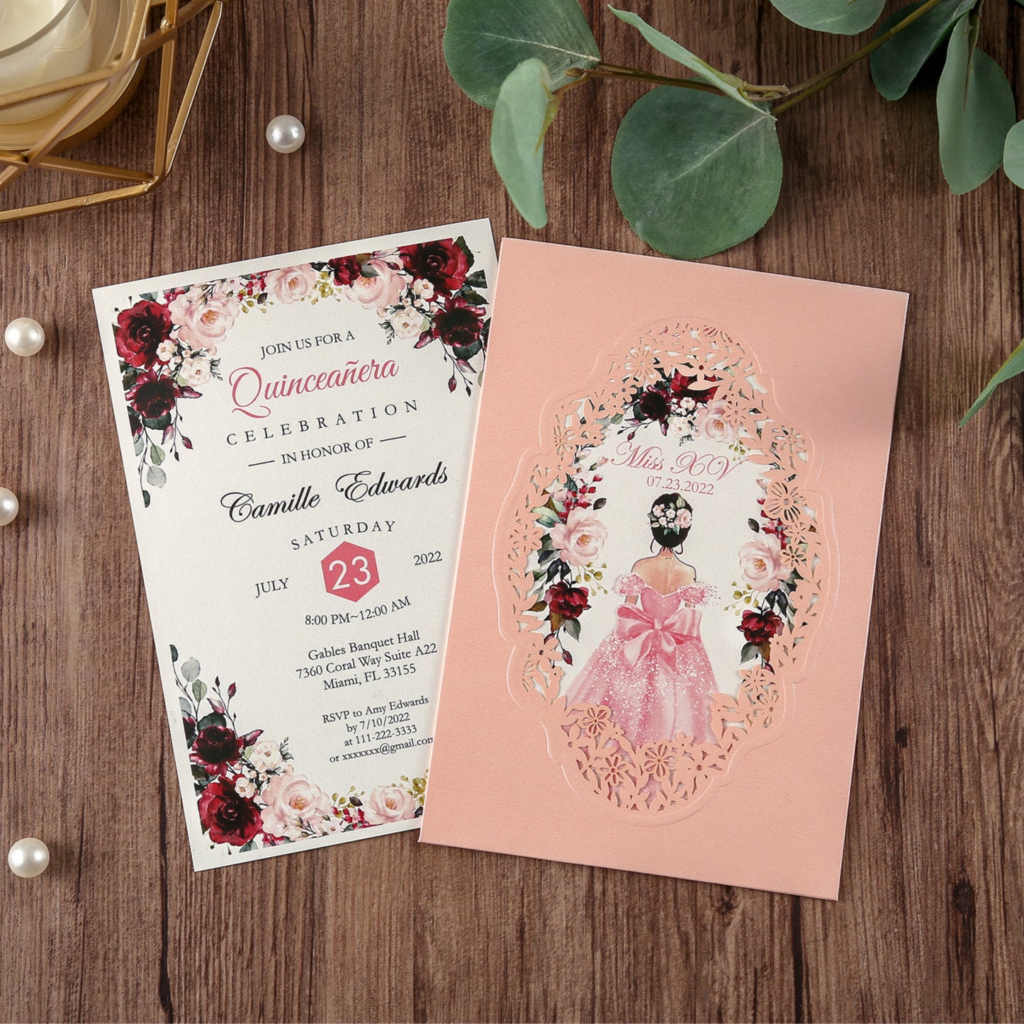 Pocket Pink Wedding Invitations Greeting Cards For Quinceanera