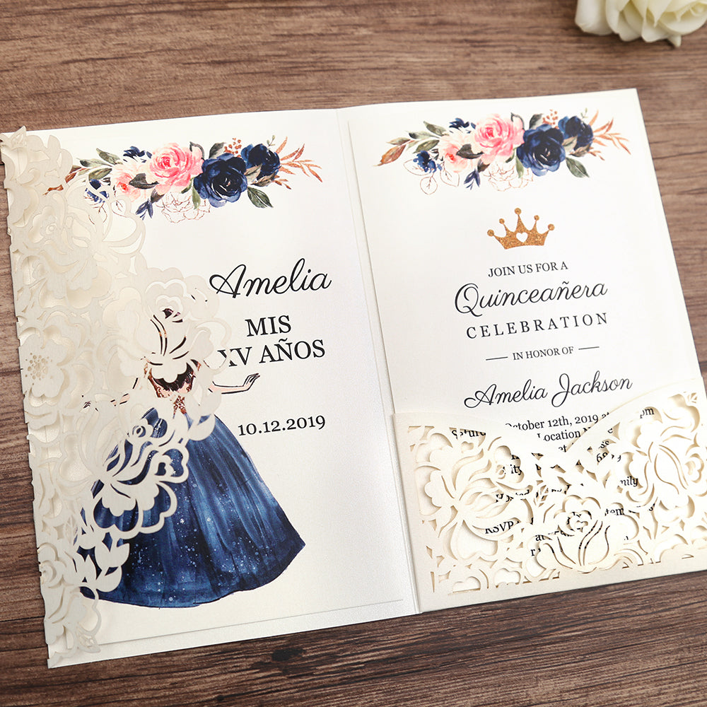 White Floral Laser cut invitation cards for Quinceanera - DorisHome