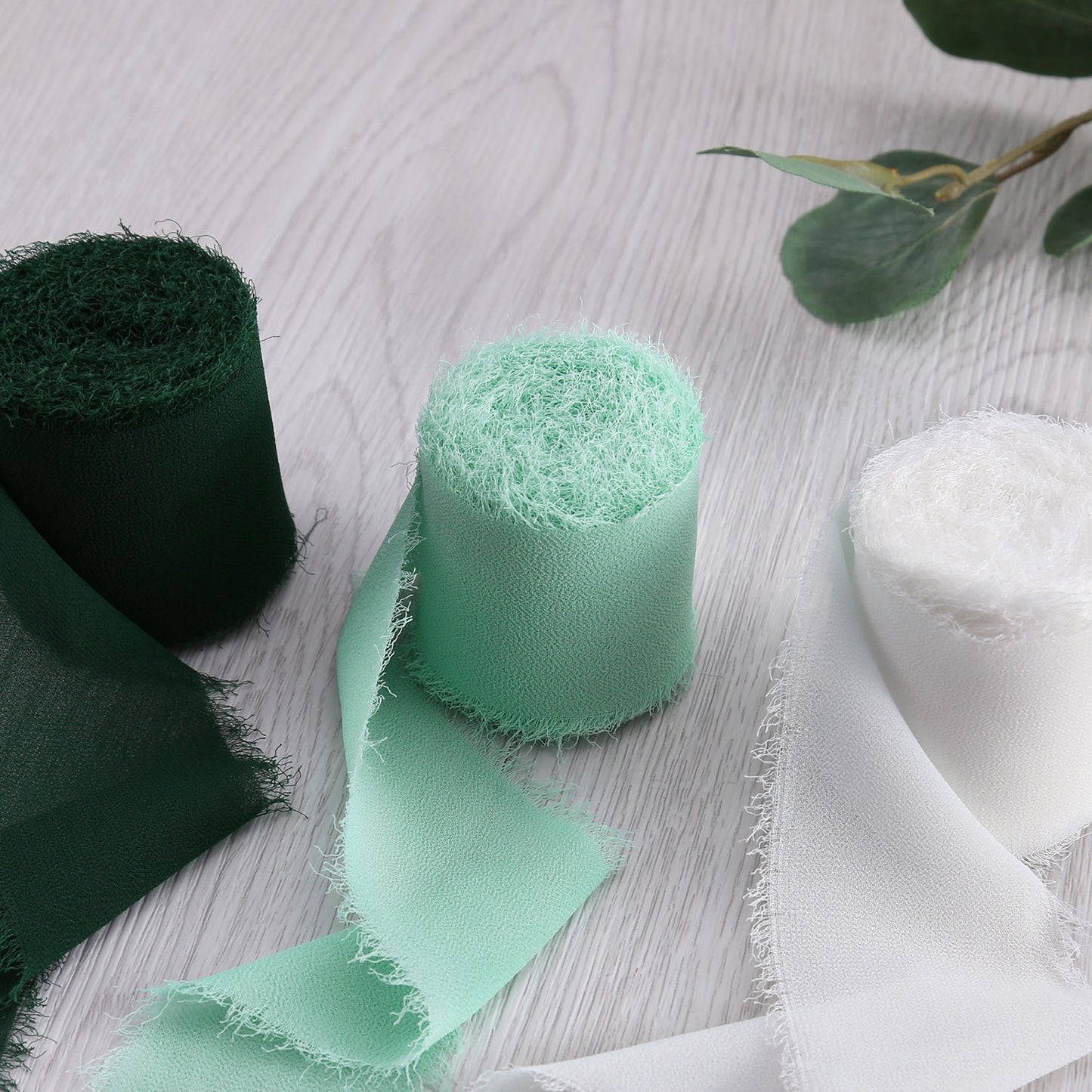 Handmade Fringe Chiffon Silk-Like Ribbon 2" x 7Yd Set of 3 Rolls Ribbons for Wedding Invitations, Bouquets, Gift Wrapping (3 Rolls Dark Green/Mint/Ivory)