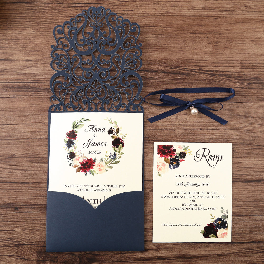 Navy Blue Pearl Pendant Floral Laser cut invitation cards for Wedding Anniversary - DorisHome
