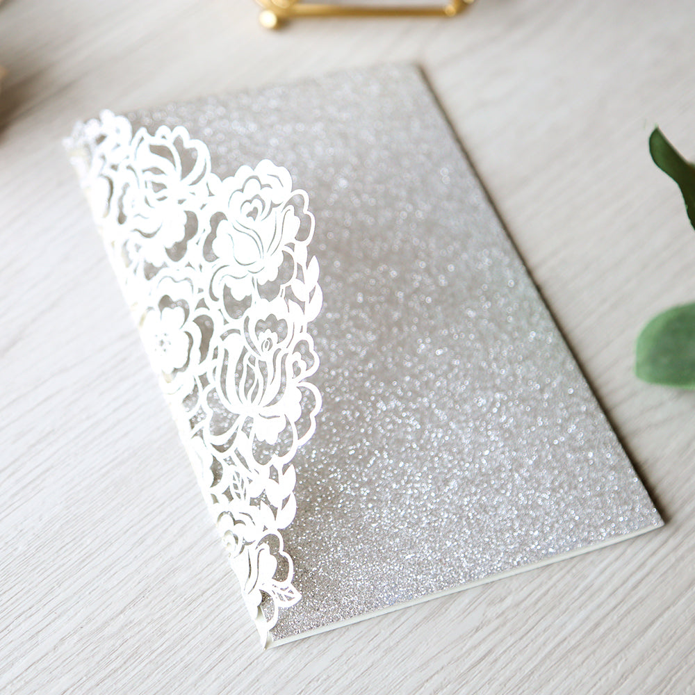 Glitter Silver Floral Laser cut invitation cards for Wedding - DorisHome