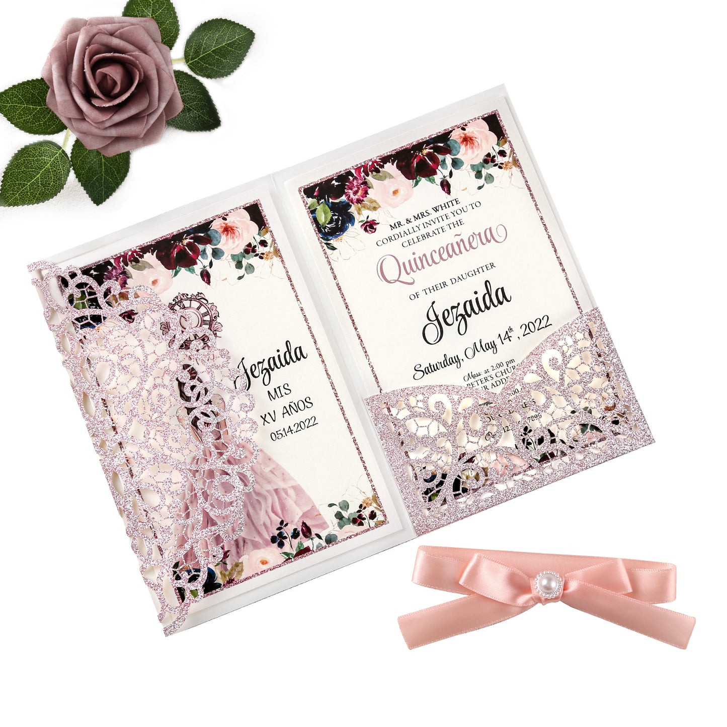 4.7 x7 inch Rose Gold Glitter Laser Cut Hollow Rose Quinceanera Invitations Cards with Envelopes for Quinceanera Party