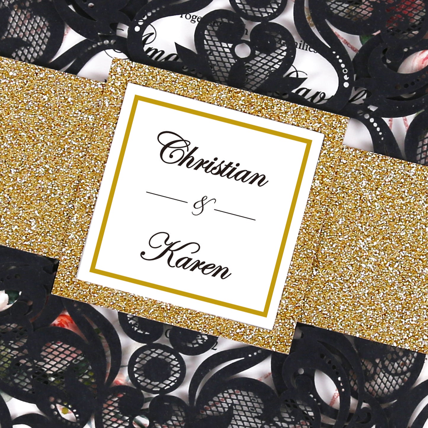 Square Black Laser Cut Lace Flower Invitations Cards