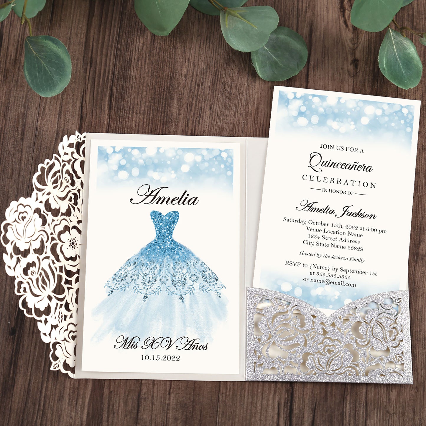 Glitter Silver Floral Laser cut invitation cards for Quinceanera
