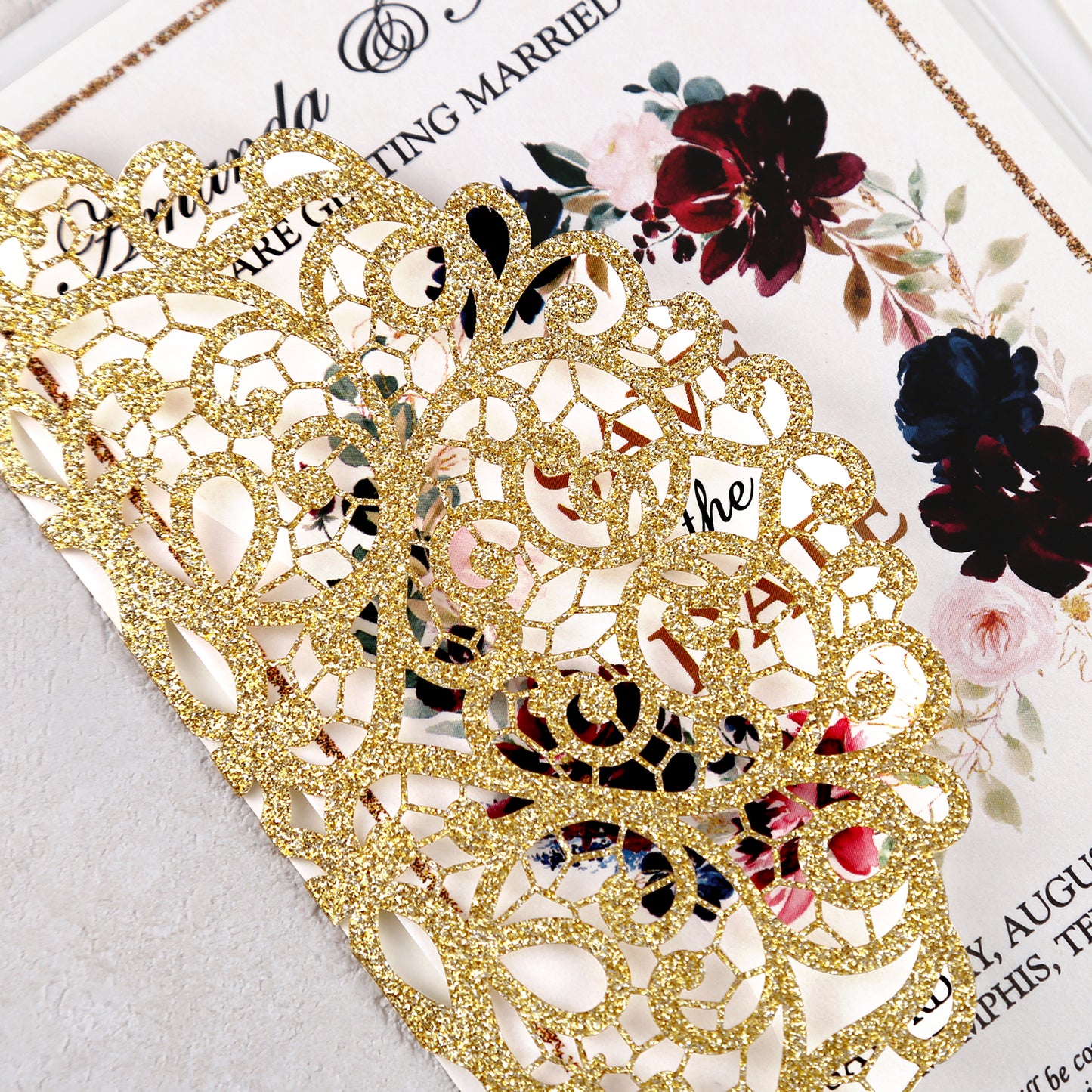 4.7 x7 inch Gold Glitter Laser Cut Hollow Rose Wedding Invitations Cards with Envelopes for Wedding Party